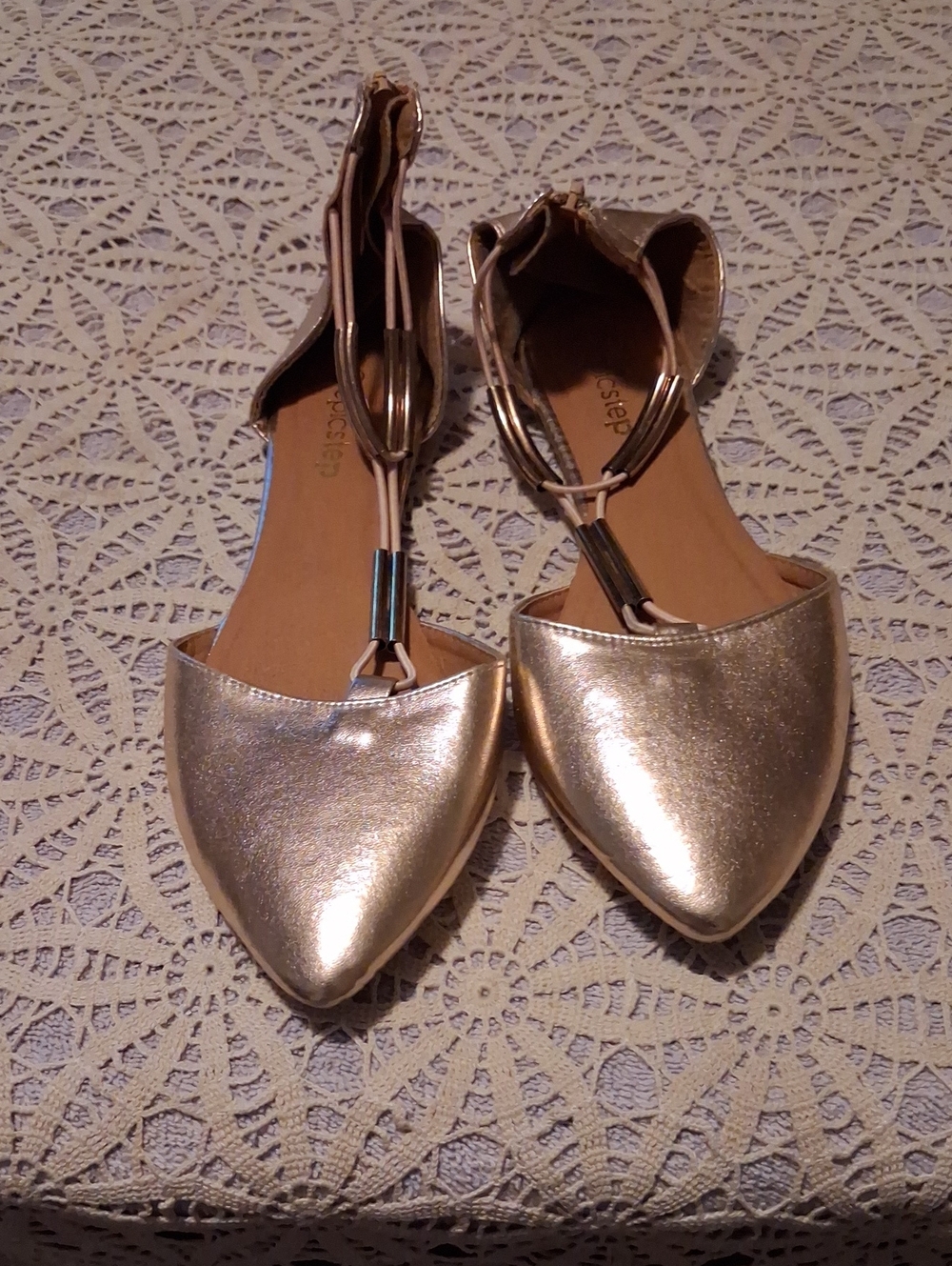Metallic Gold Pointed D'Orsay Flats with Ankle Strap